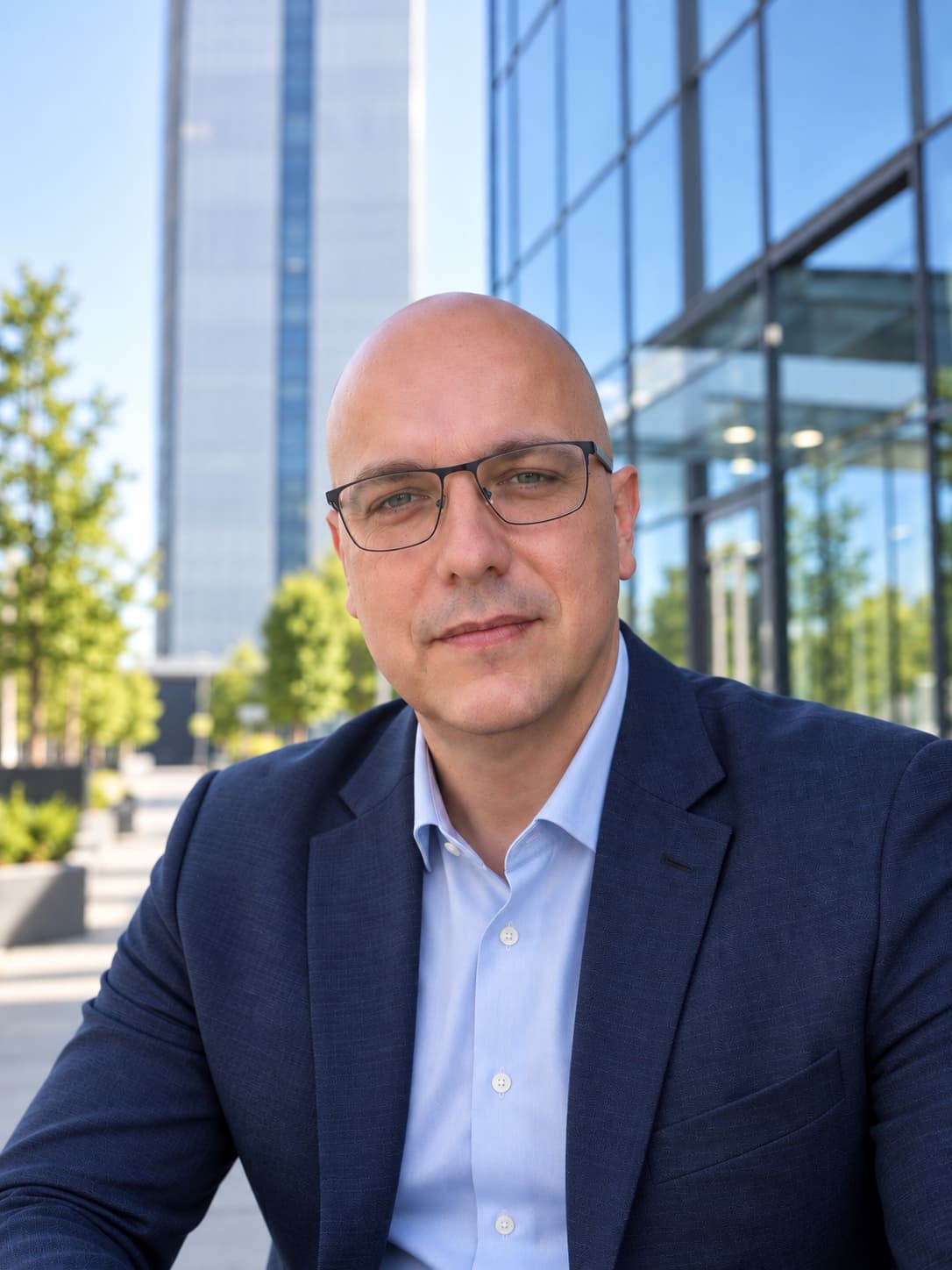 Aleksandar Timić, photographed outside a glass office building in Belgrade